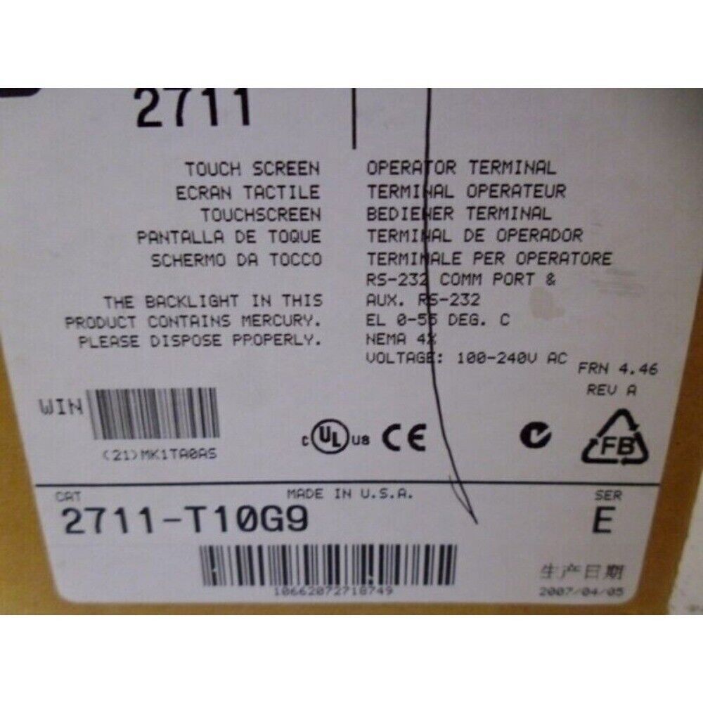 Allen-Bradley 2711-T10G9 Operator Terminal Label with specifications and warnings.