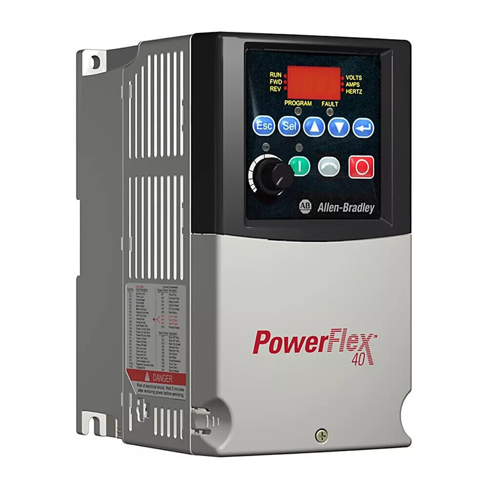 Allen-Bradley PowerFlex 40 AC Drive, gray and black, with display panel, control buttons, and safety warning.