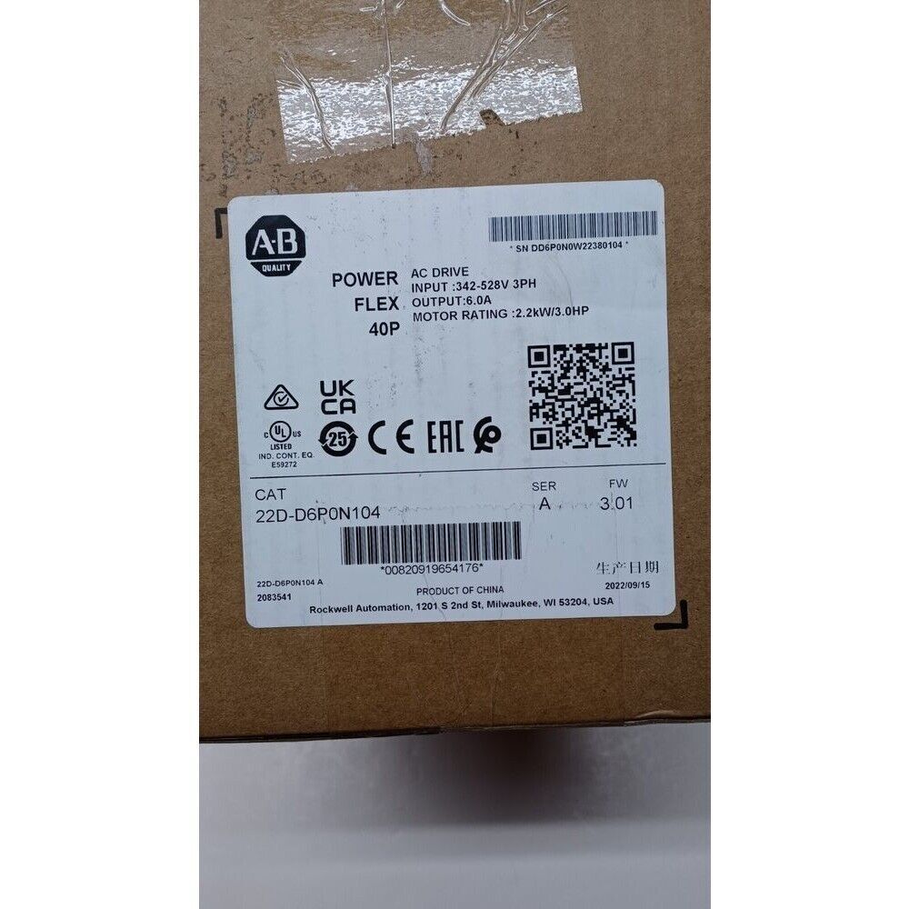 Allen-Bradley PowerFlex 40P AC Drive, 2.2kW 3Hp, 22D-D6P0N104 product label