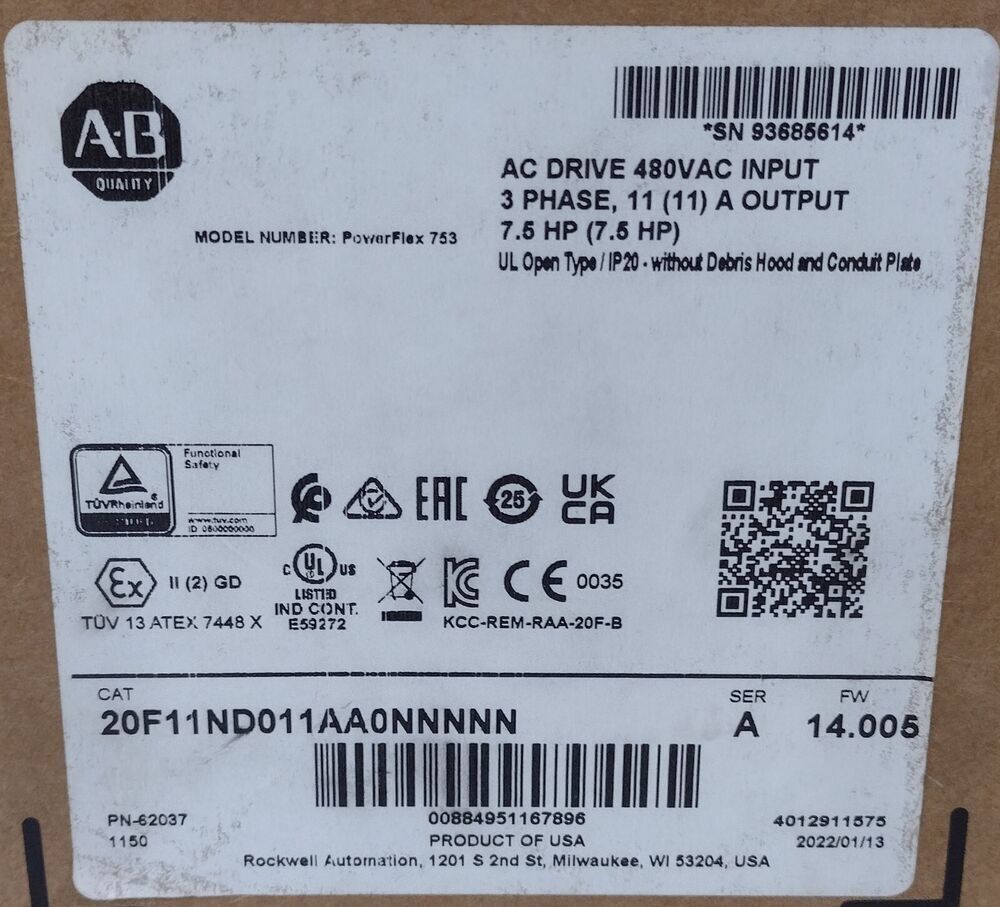 Allen-Bradley PowerFlex 753 AC Drive 20F11ND011AA0NNNNN, 7.5 HP, industrial automation part, new in box