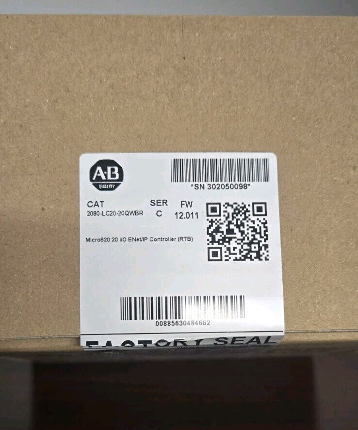 Allen-Bradley 2080-LC20-20QWBR PLC module label, factory sealed. New in box. Contains product info.