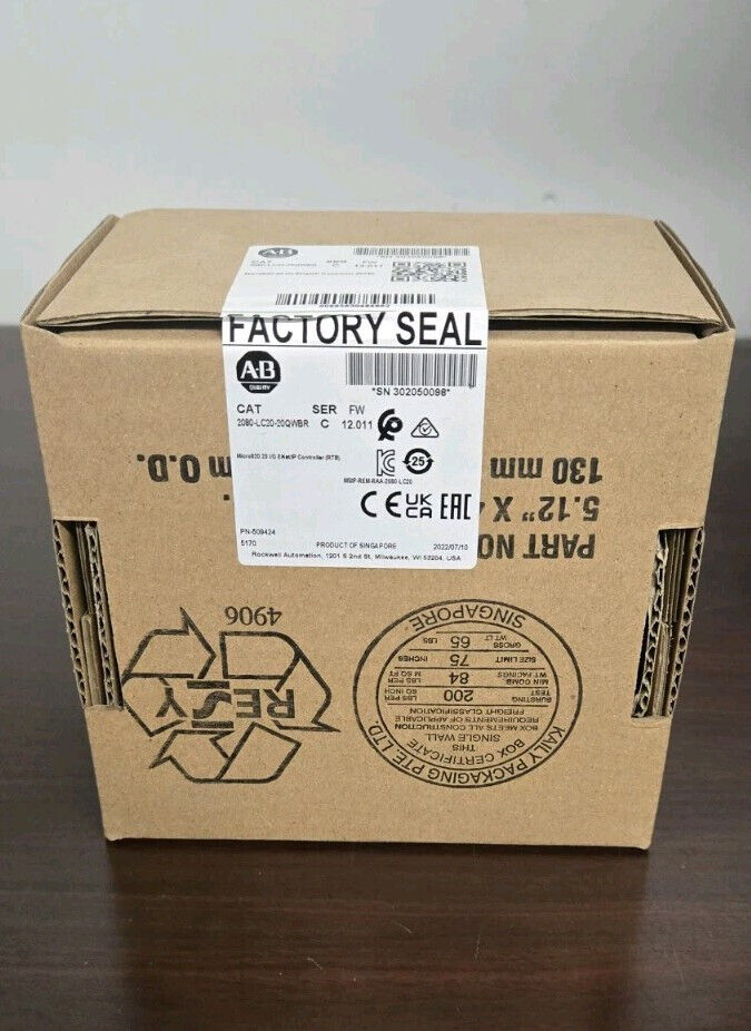 Allen-Bradley 2080-LC20-20QWBR PLC in factory sealed box, new in box. Contains important product information.