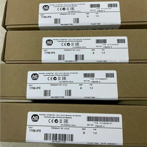 Allen-Bradley 1756-IF8 ControlLogix Analog Input Modules, boxes stacked, product of USA, industrial automation parts.