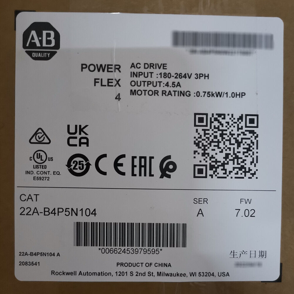 Allen-Bradley PowerFlex 4 AC Drive, 22A-B4P5N104. 0.75kW/1HP, NEW!