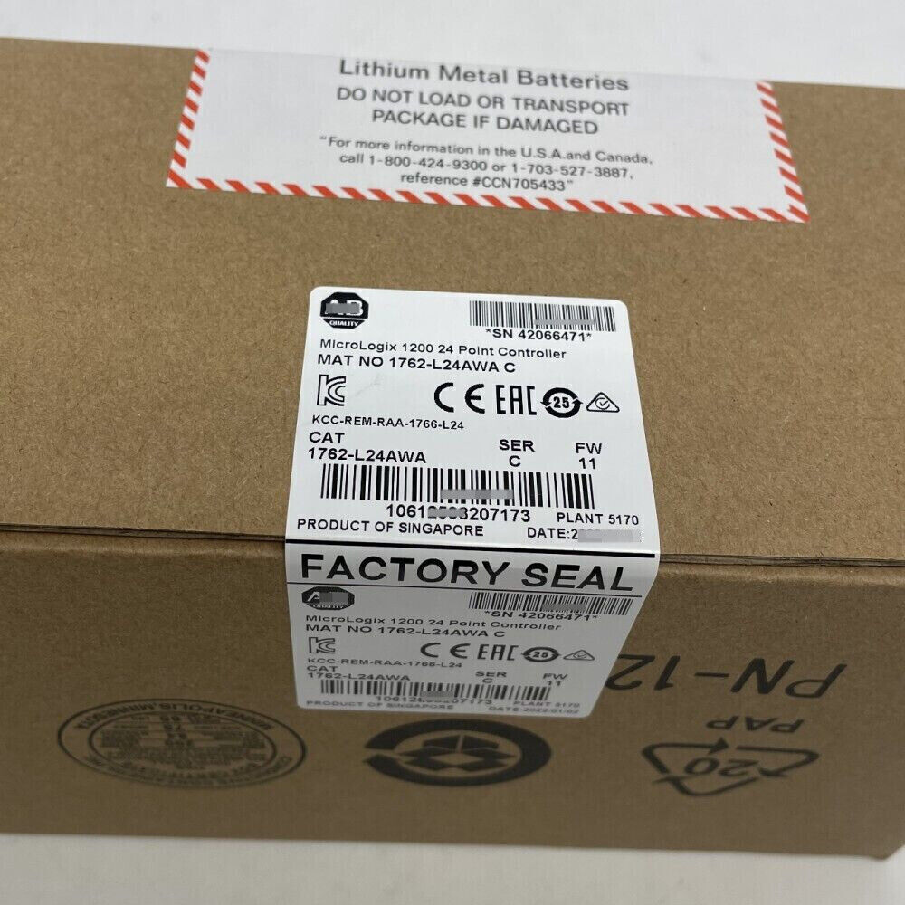 Allen-Bradley MicroLogix 1200 controller box, 1762-L24AWA model, factory sealed. Contains shipping warnings and product info.