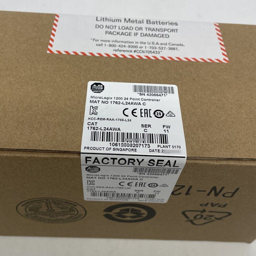 Allen-Bradley MicroLogix 1200 controller box, 1762-L24AWA model, factory sealed. Contains shipping warnings and product info.