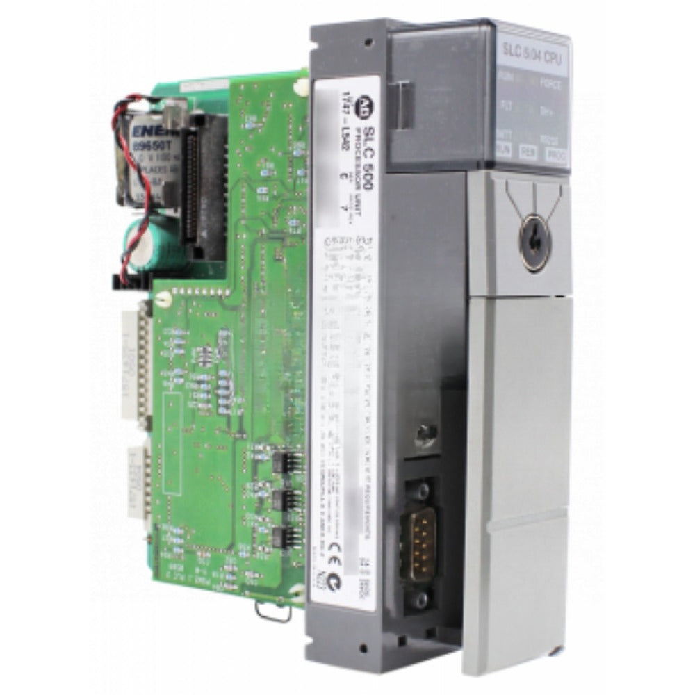 SLC 500 1747-L542 Processor. Allen-Bradley CPU, gray enclosure, RUN, FLT, DH+, RS232 LEDs. Industrial automation.