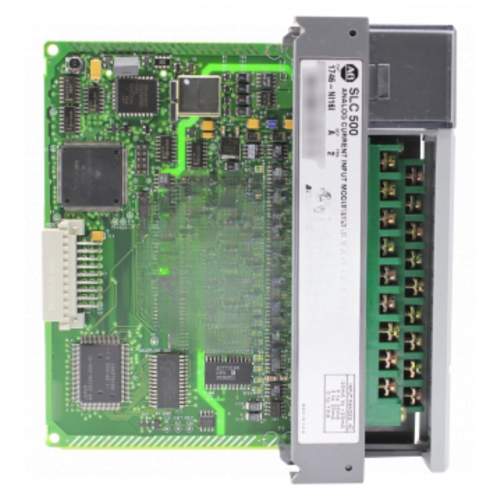 Allen-Bradley 1746-NI16I SLC 500 Analog Current Input Module. Green PCB with components, terminal block, and gray casing.