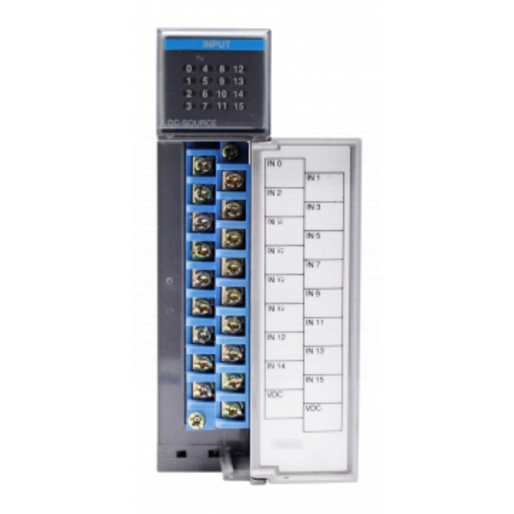 Allen-Bradley 1746-IV16 SLC 500 Input Module. Industrial automation input module with labeled terminals and DC source.