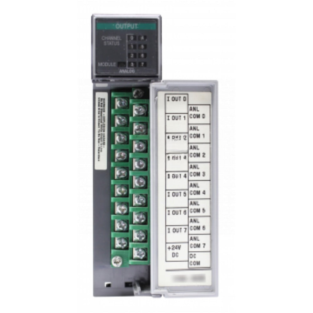 Allen-Bradley 1746-NO8I SLC 500 Analog Current Output Module, showing output channels and connection details.