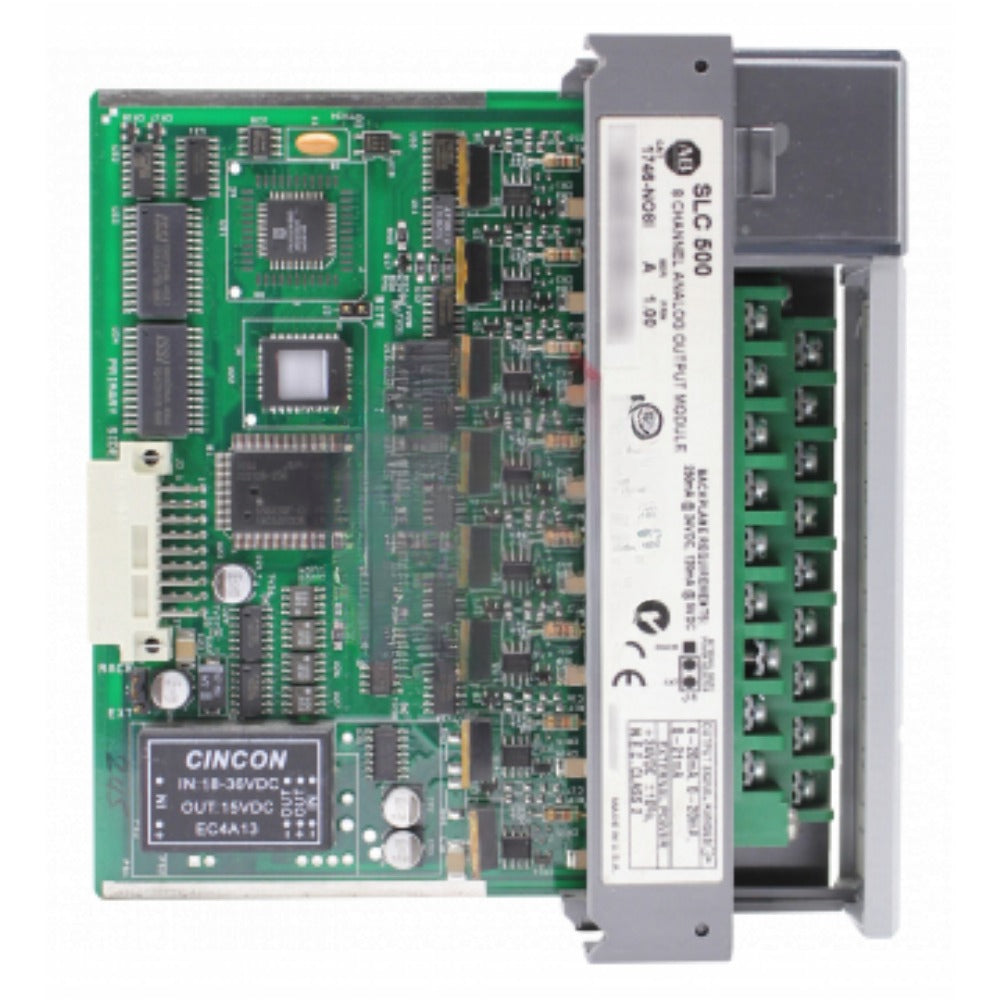 Allen-Bradley SLC 500 8 Channel Analog Output Module 1746-NO8I, showing the circuit board and connection details.
