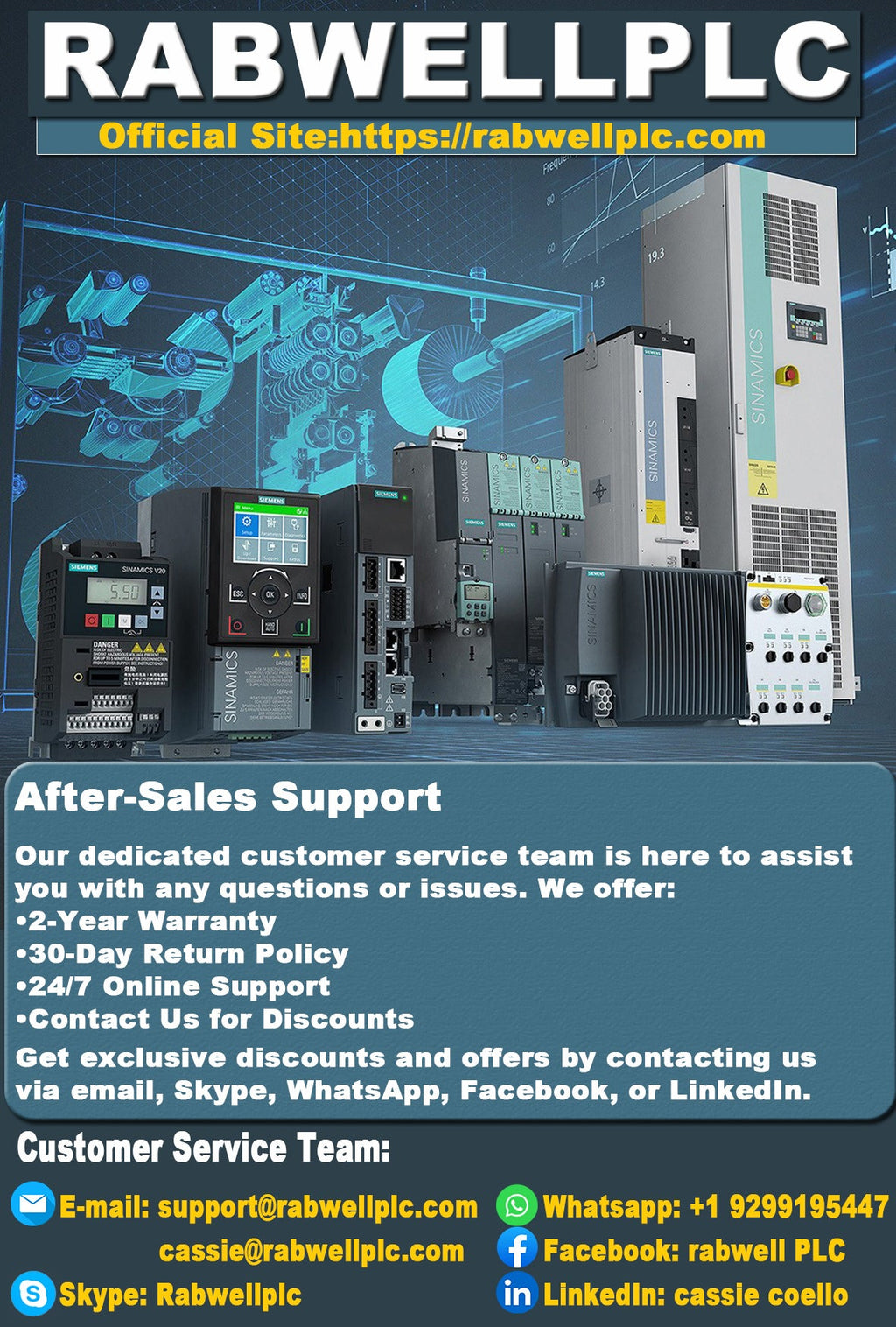 Radwell PLC product range with Siemens SINAMICS motor controllers, 2-year warranty and after-sales support.