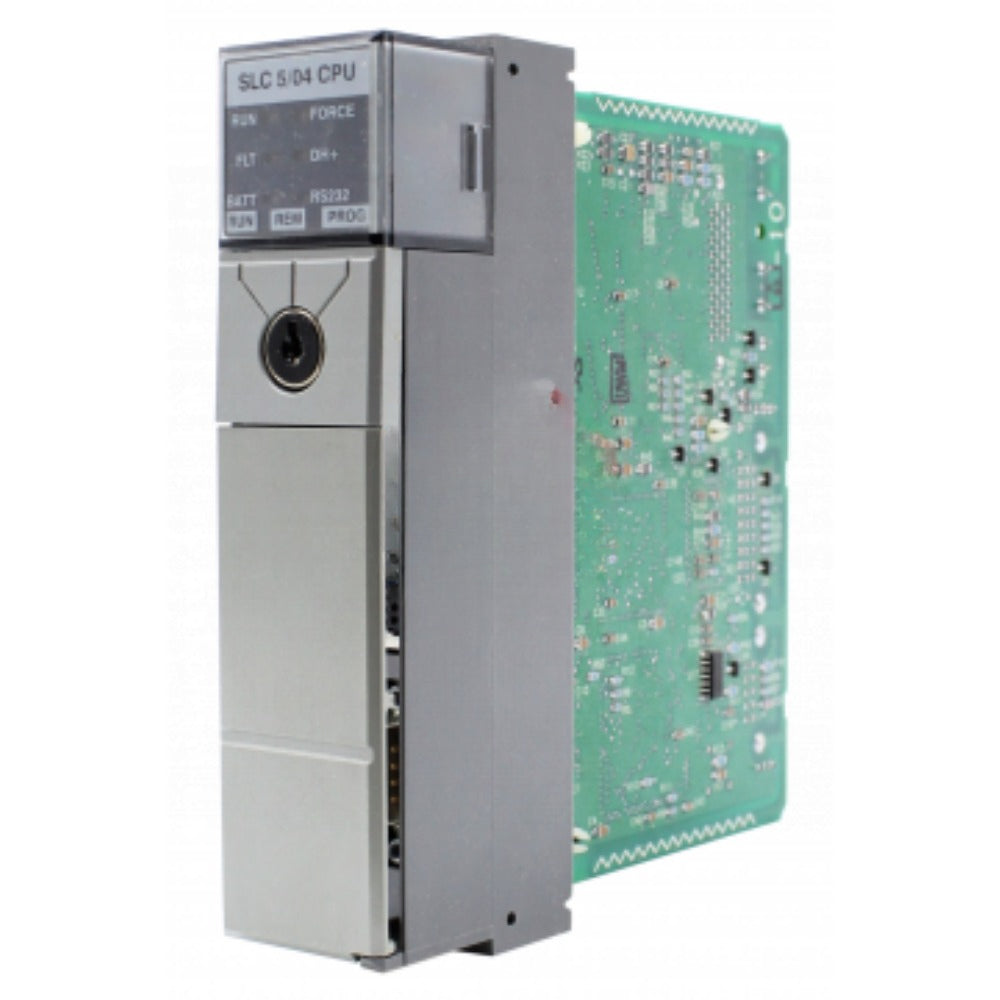 Allen-Bradley SLC 5/04 CPU. Gray metal enclosure with RUN, FLT, DH+, RS232 indicators. Green circuit board.