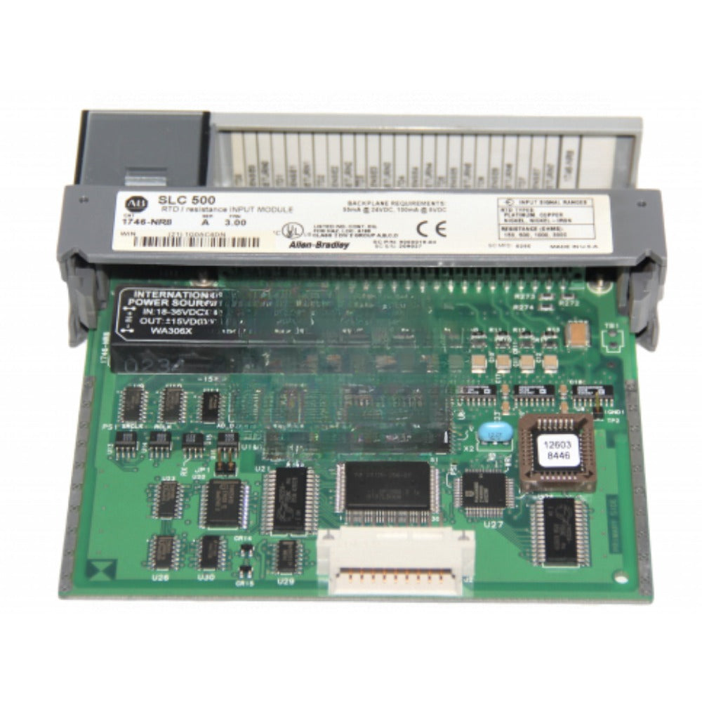 Allen-Bradley 1746-NR8 SLC 500 RTD module. Green circuit board with connectors, industrial automation part.