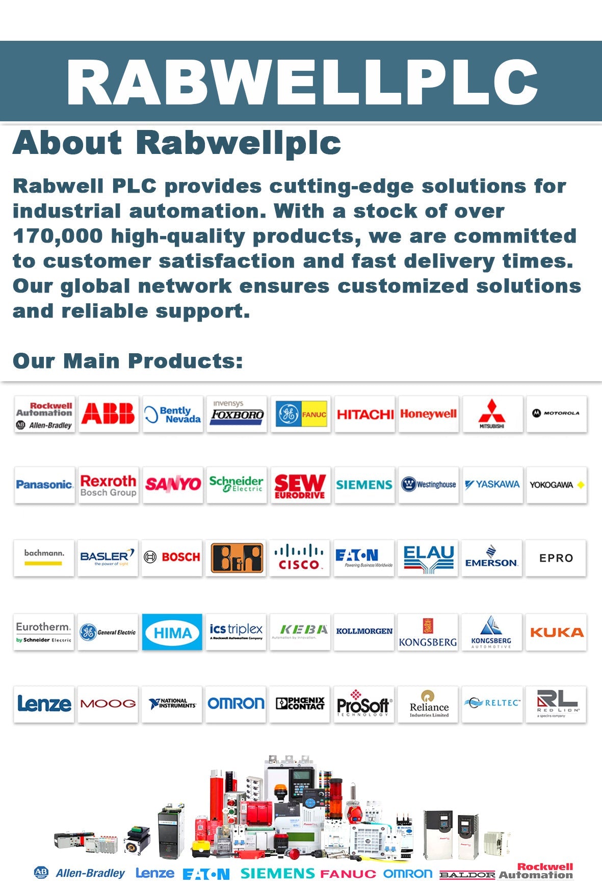 Rabwell PLC logo and product brands, including Allen-Bradley, Siemens, and Fanuc, for industrial automation parts.