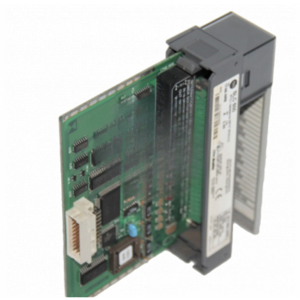 Allen-Bradley 1746-NR8 RTD module. Green circuit board with electronic components and connectors for industrial applications.