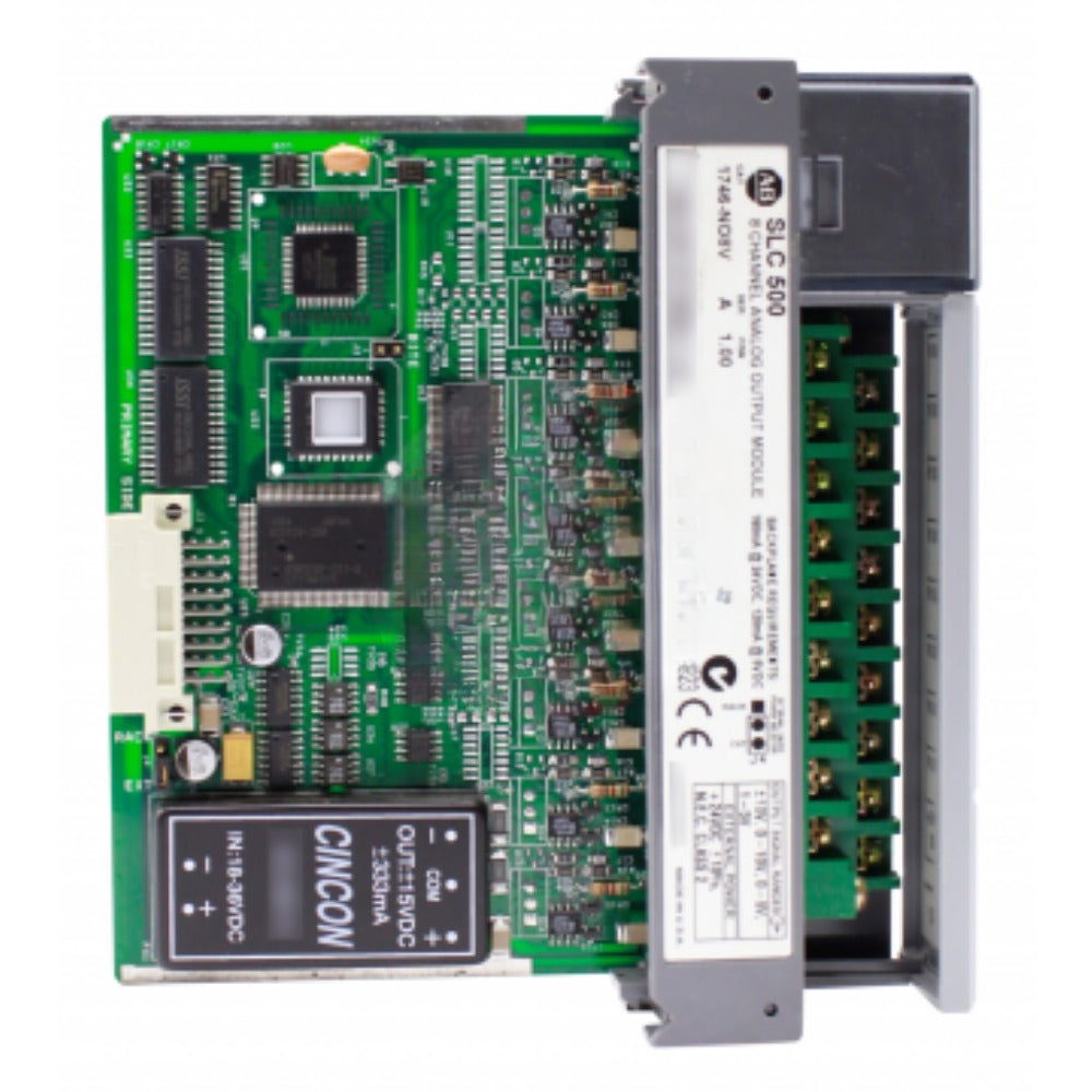 Allen-Bradley 1746-NO8V SLC 500 Analog Output Module. Features 8 channels, with labels, and a CINCON power supply.