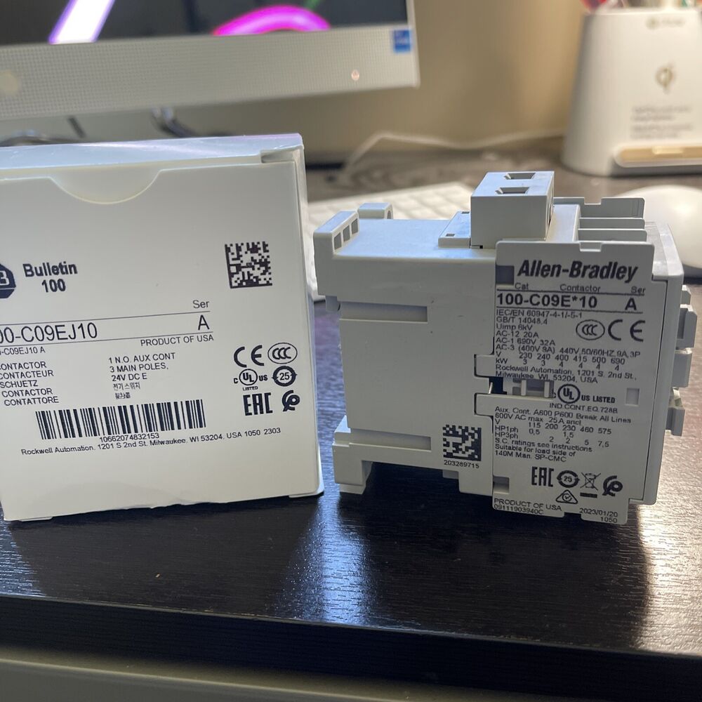 Allen-Bradley 100-C09EJ10 IEC Contactor, 9A, product image with specifications and certifications. For motor control.