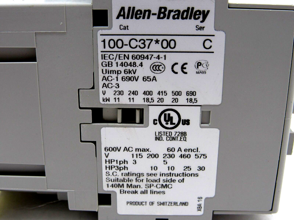 Allen-Bradley 100-C37*00 IEC Contactor with specifications, 600V AC, 60A, product of Switzerland, industrial automation part