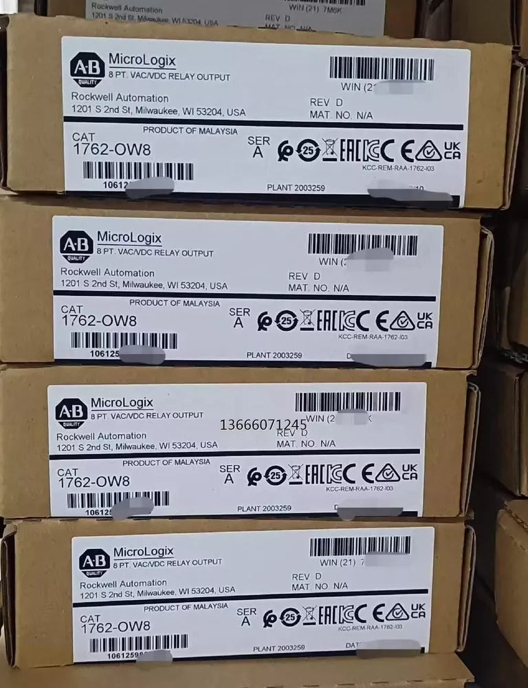 Allen-Bradley 1762-OW8 MicroLogix 8-Point Relay Output Modules stacked, new industrial automation parts.