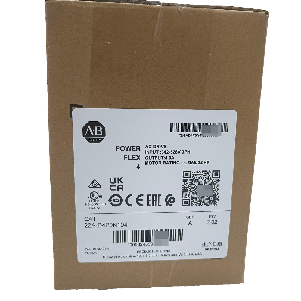 Allen-Bradley PowerFlex 4 AC Drive packaging, model 22A-D4P0N104, with product specifications visible.