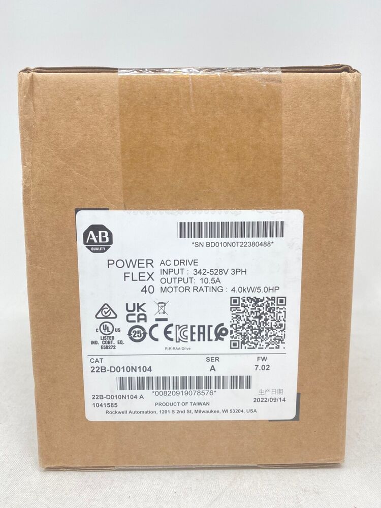 Allen-Bradley PowerFlex 40 AC Drive packaging, 22B-D010N104 model, 4.0kW/5.0HP rating
