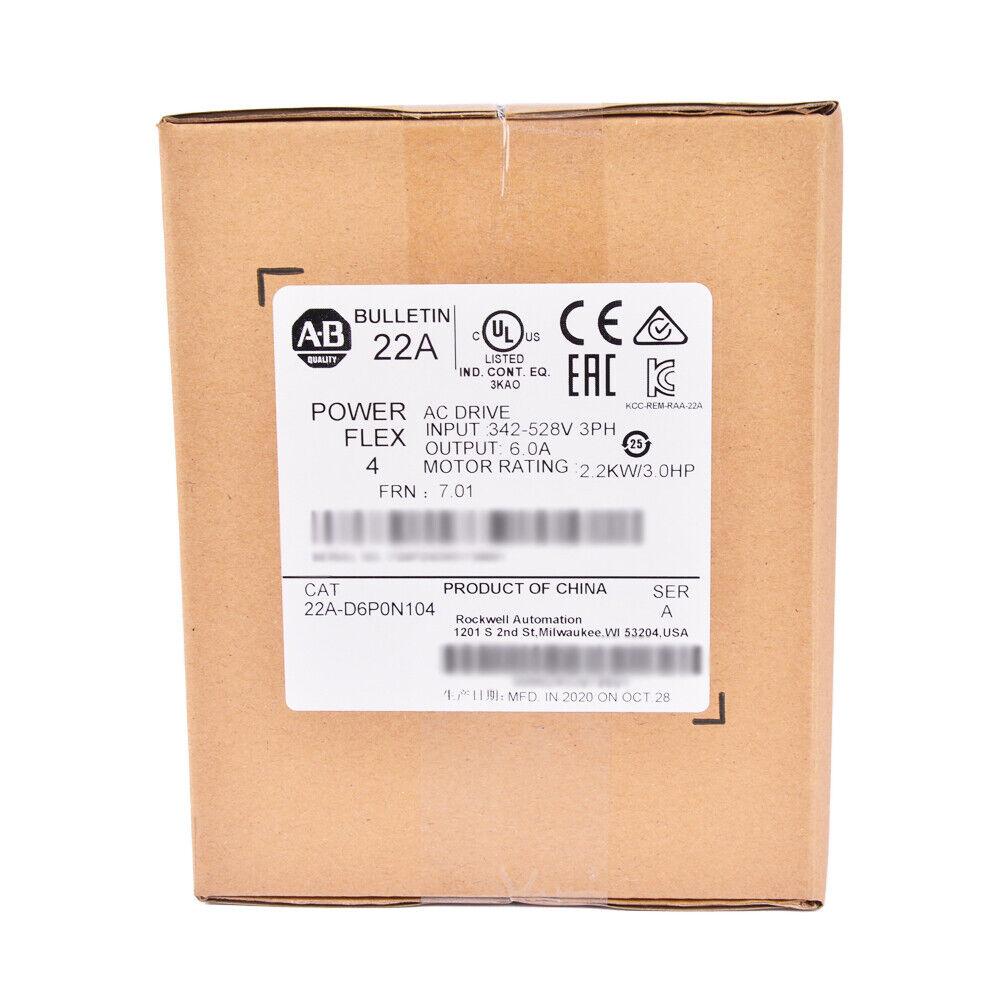 Allen-Bradley PowerFlex 4 AC Drive box, model 22A-D6P0N104, industrial automation equipment.