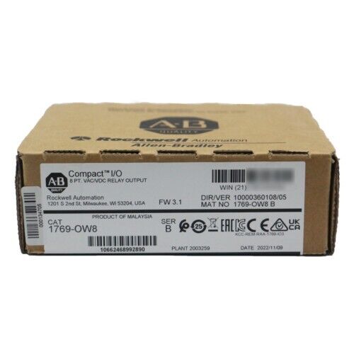 Allen-Bradley 1769-OW8 Compact I/O Relay Output Module in box, factory sealed. Part of industrial automation.