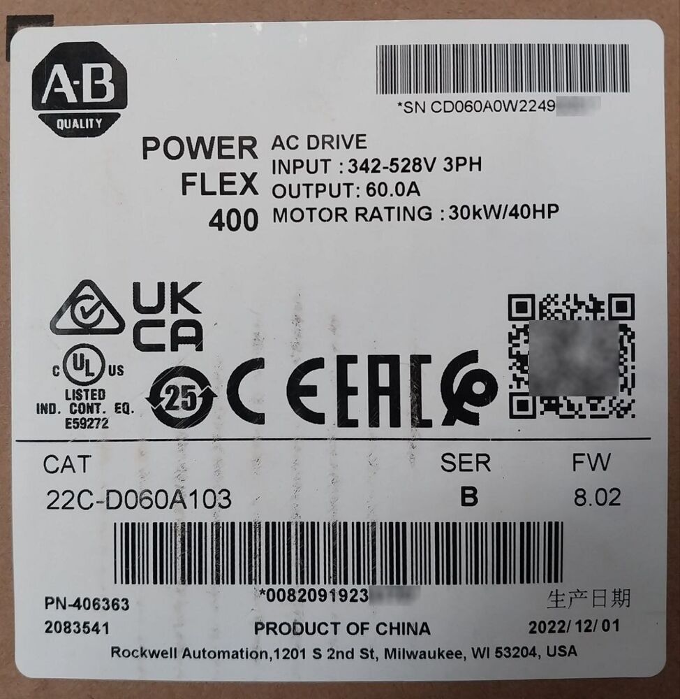 Allen-Bradley PowerFlex 400 AC Drive label, model 22C-D060A103, 60A output, 30kW/40HP, product of China.