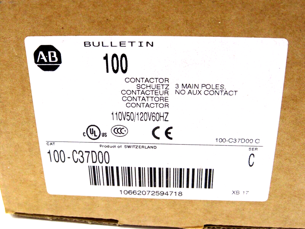 Allen-Bradley 100-C37D00 Contactor label, 3-pole, 110/120V 50/60Hz, Product of Switzerland, industrial automation part