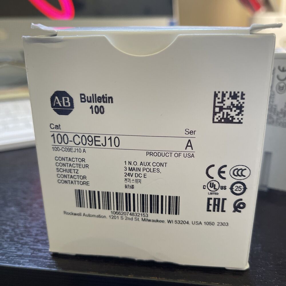 Allen-Bradley 100-C09EJ10 IEC Contactor box, compact design, 110-130V AC coil. CE, UL Listed, EAC certified.