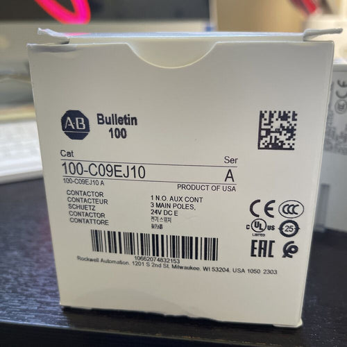 Allen-Bradley 100-C09EJ10 IEC Contactor box, compact design, 110-130V AC coil. CE, UL Listed, EAC certified.