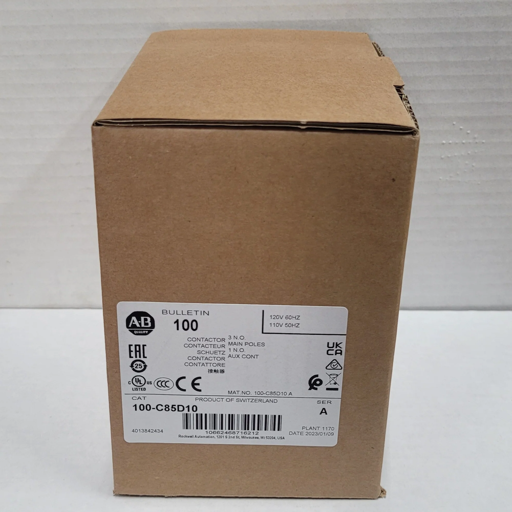 Allen-Bradley 100-C85D10 Contactor in box. 3P 85A 120V. New industrial automation component.
