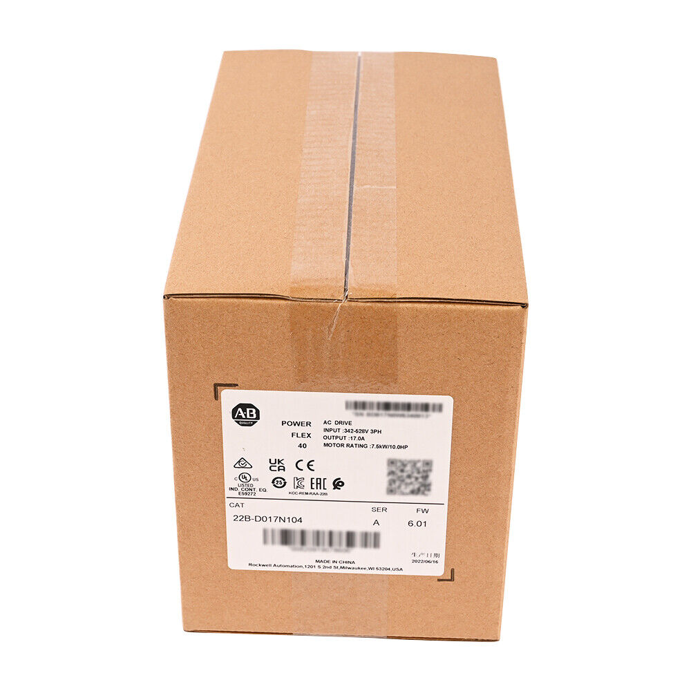 Allen-Bradley PowerFlex 40 AC drive in packaging, model 22B-D017N104.  7.5kW 10 HP motor control.