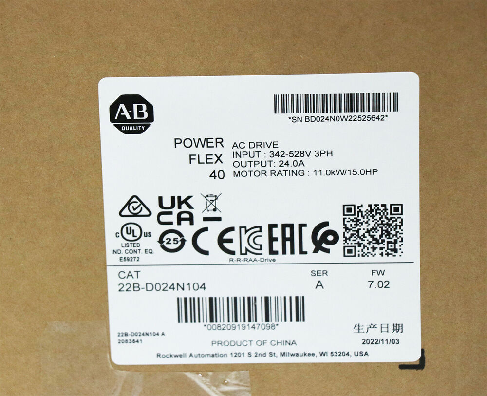 Allen-Bradley PowerFlex 40 AC drive label, model 22B-D024N104, with specs for industrial motor control, 24A output.