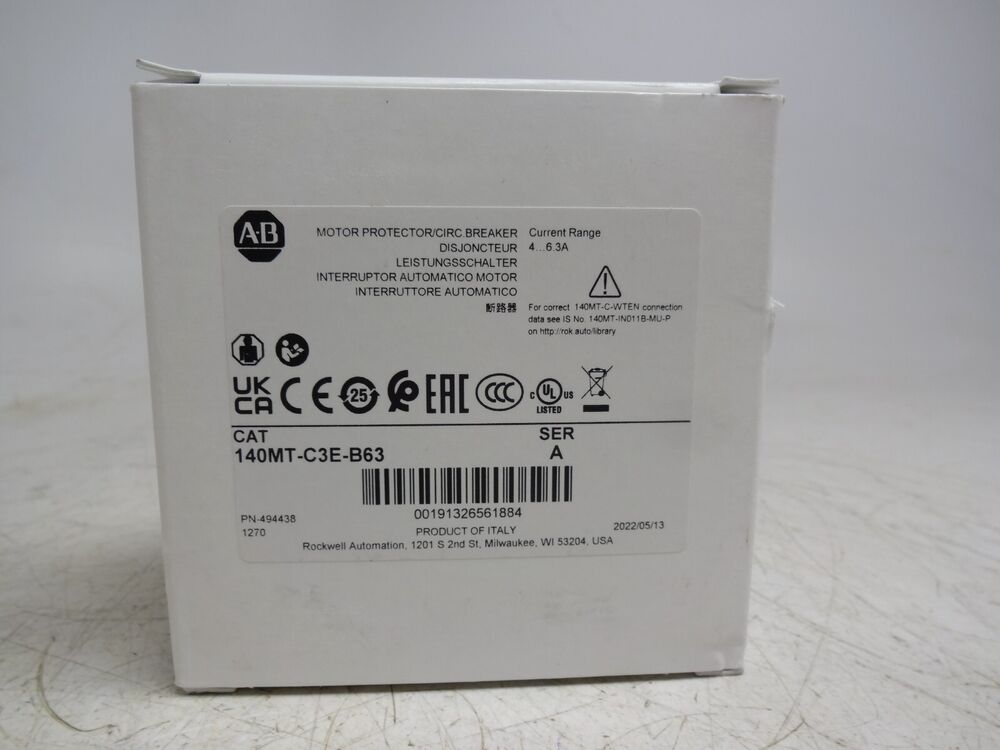 Allen-Bradley 140MT-C3E-B63 motor protection circuit breaker package, 4-6.3A, Product of Italy, new condition.