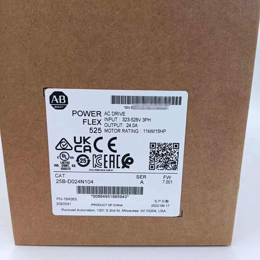 Allen-Bradley PowerFlex 525 AC Drive label, 15HP motor rating, 25B-D024N104 model.