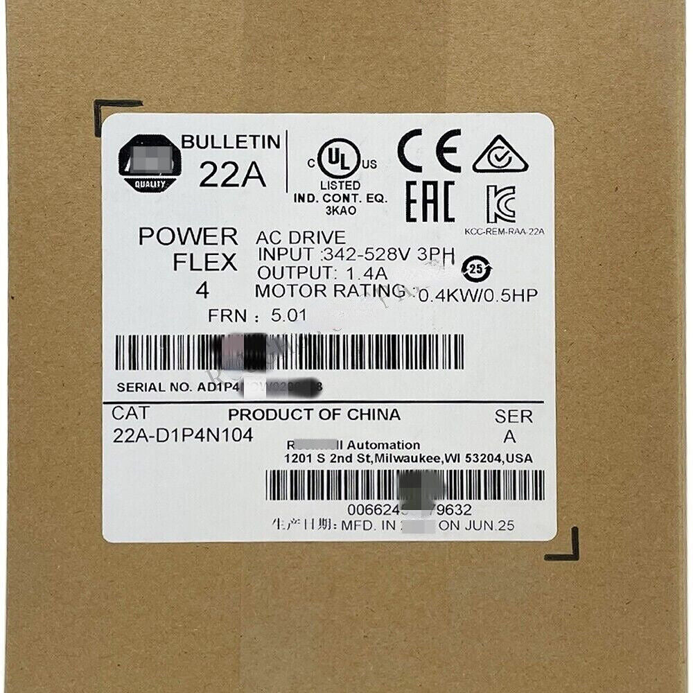 Allen-Bradley PowerFlex 4 AC Drive Label: 22A-D1P4N104, 0.4kW/0.5HP, Product of China, industrial automation part
