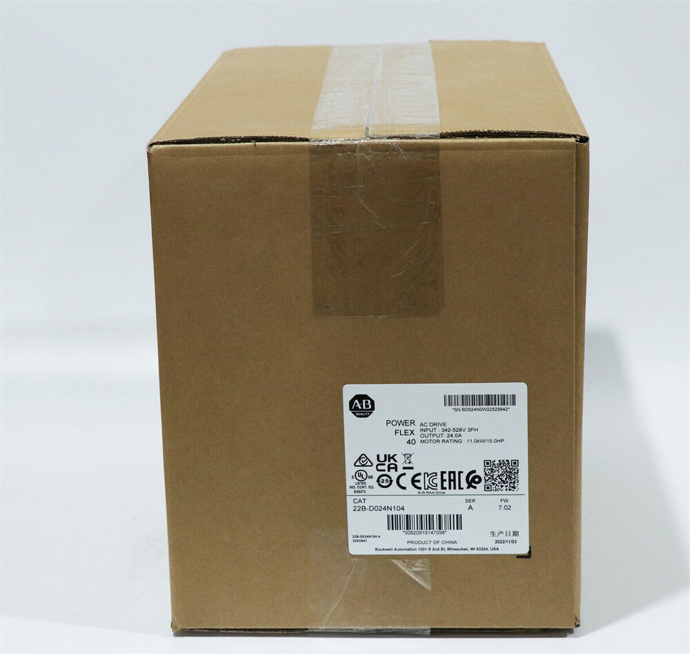 Allen-Bradley PowerFlex 40 AC drive box, model 22B-D024N104. Features product specifications label and serial number.