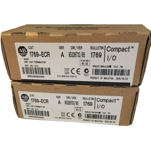 Allen-Bradley 1769-ECR Compact I/O Right End Cap boxes, industrial automation parts, gray cardboard boxes