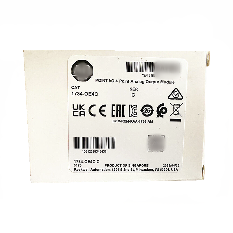 Allen-Bradley 1734-OE4C POINT I/O 4-Ch Analog Output Module label, Product of Singapore, Milwaukee, WI