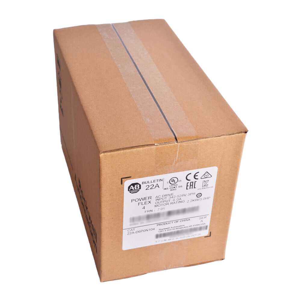 Allen-Bradley PowerFlex 4 AC Drive in its original packaging, featuring product information label, brown cardboard box.
