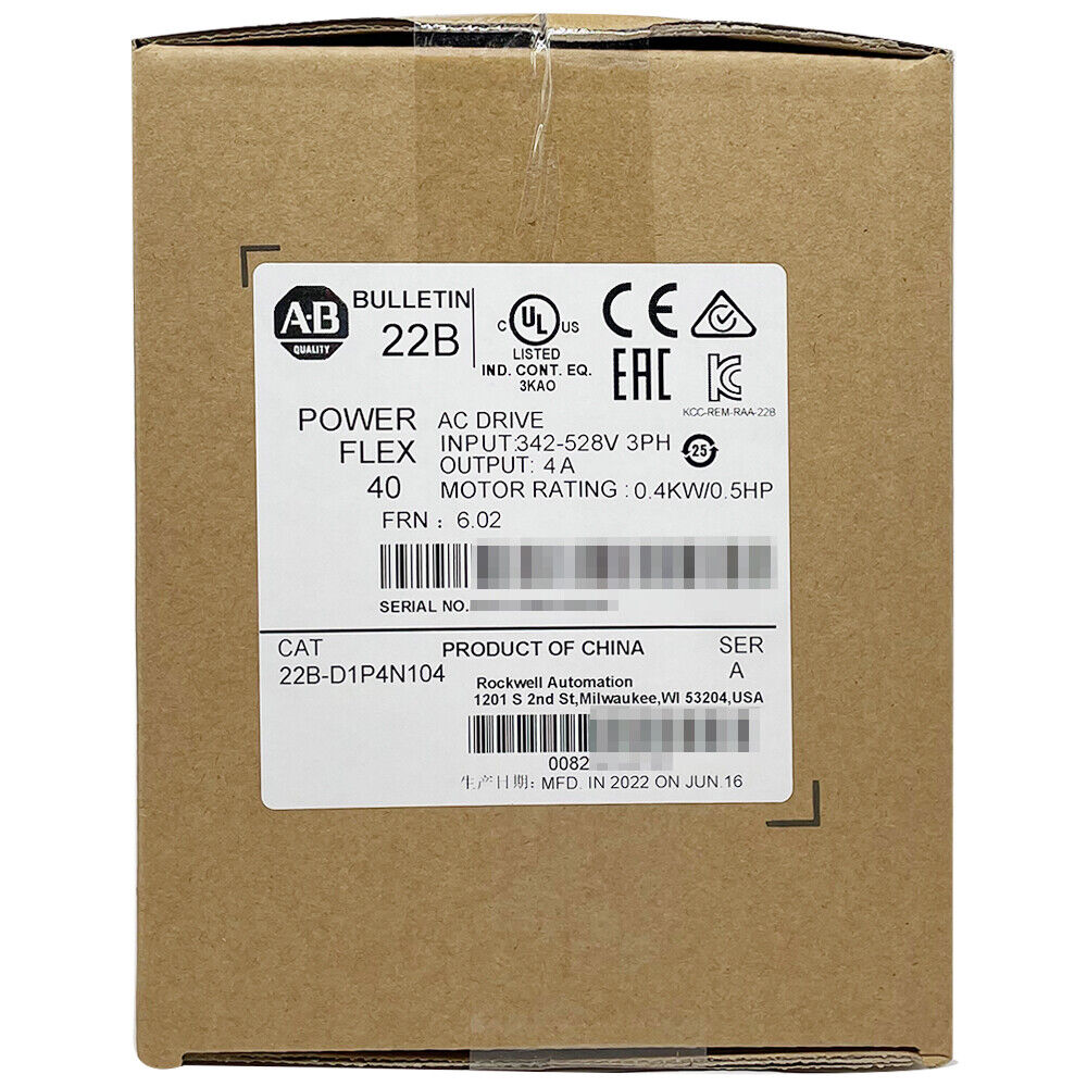 Allen-Bradley PowerFlex 40 AC Drive 22B-D1P4N104 packaging box, Product of China, Input 342-528V, 4A output.