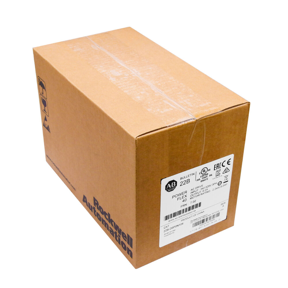 Allen-Bradley PowerFlex 40 AC drive in its original packaging, featuring product details and specifications.