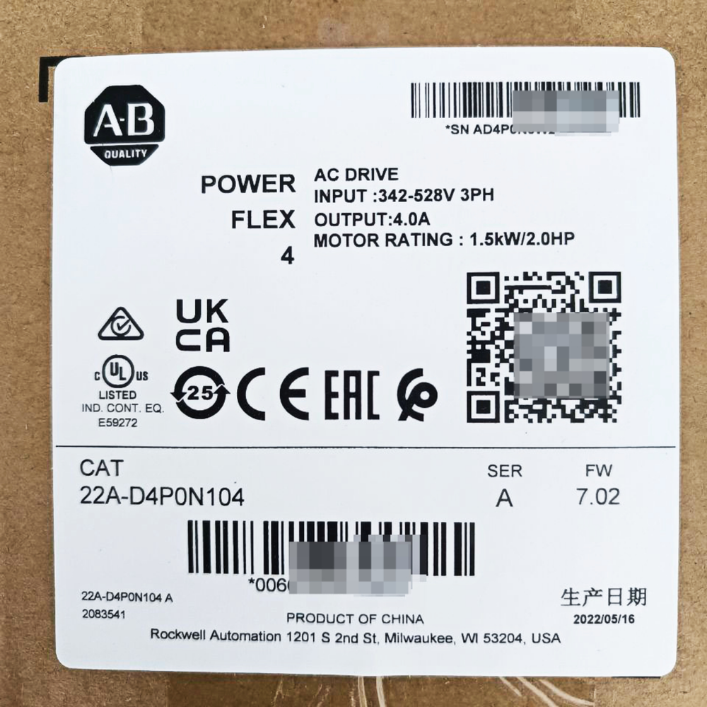 PowerFlex 4 AC Drive label, 22A-D4P0N104, displaying output current, motor ratings, and certifications.