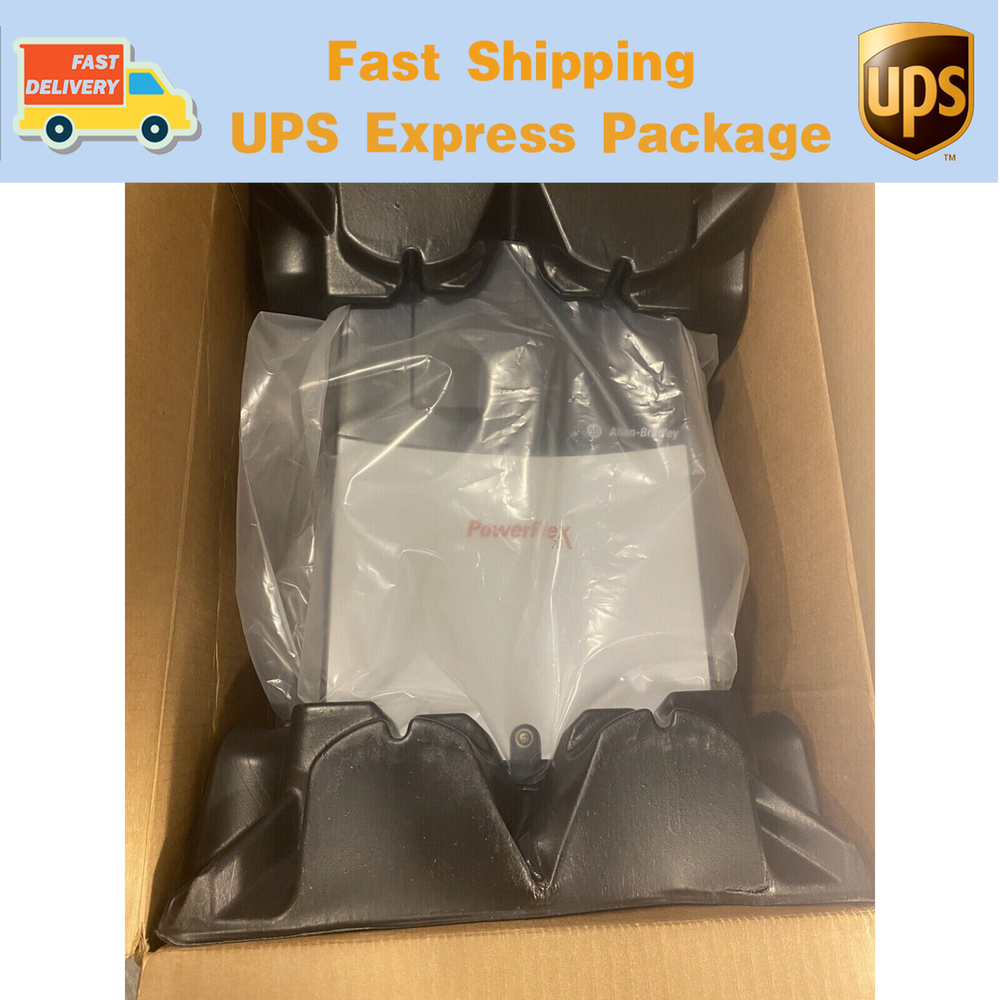 PowerFlex 70 AC Drive in shipping box with UPS Express Package label for fast delivery