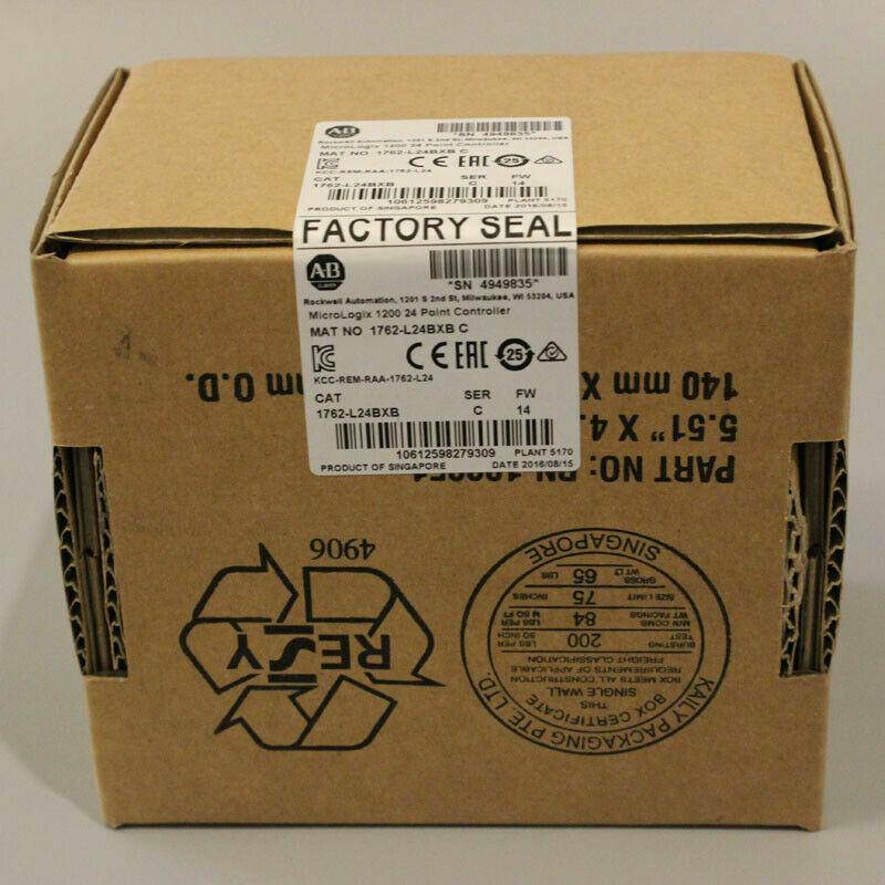Allen-Bradley MicroLogix 1200 PLC in factory-sealed box, 1762-L24BXB controller packaging, industrial automation parts.