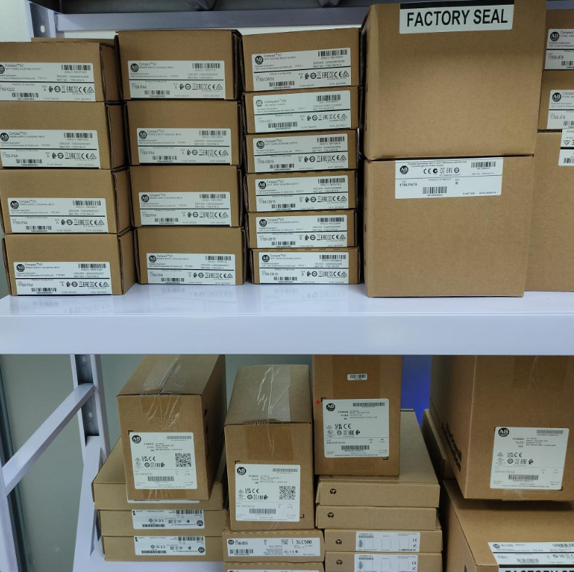 Allen-Bradley PLC product boxes on shelf, featuring model numbers like 1769-PA4 and 1769-OW16.