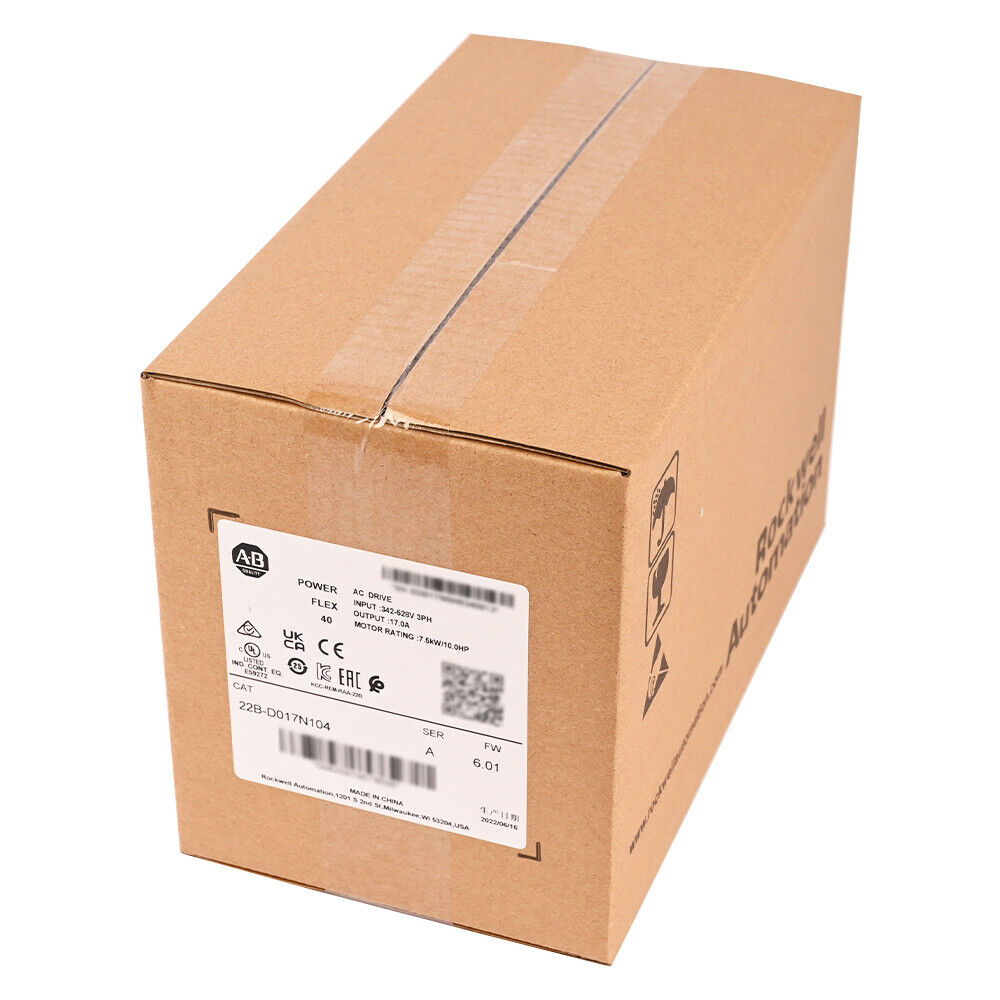 Allen-Bradley PowerFlex 40 AC drive, model 22B-D017N104, in packaging. Includes specifications label.