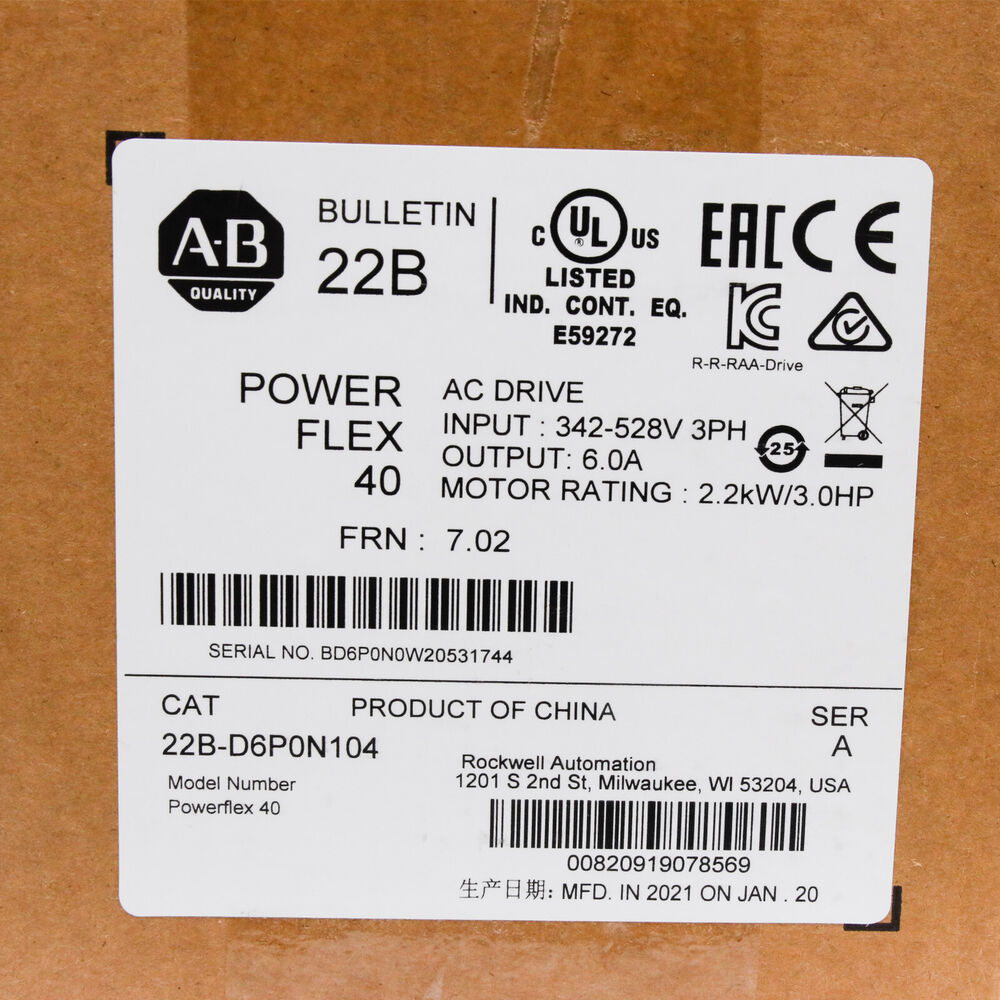Allen-Bradley PowerFlex 40 22B-D6P0N104 AC Drive product label, specifications and certifications.